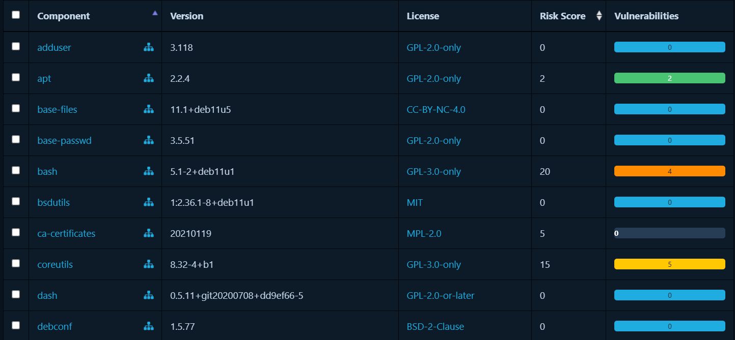 Example of components version and license in Dependency Track SaaS