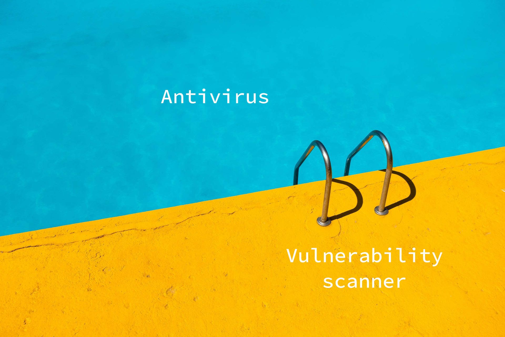 A swimming pool with antivirus floating in the water and a software vulnerability scanner placed at the pool's edge.