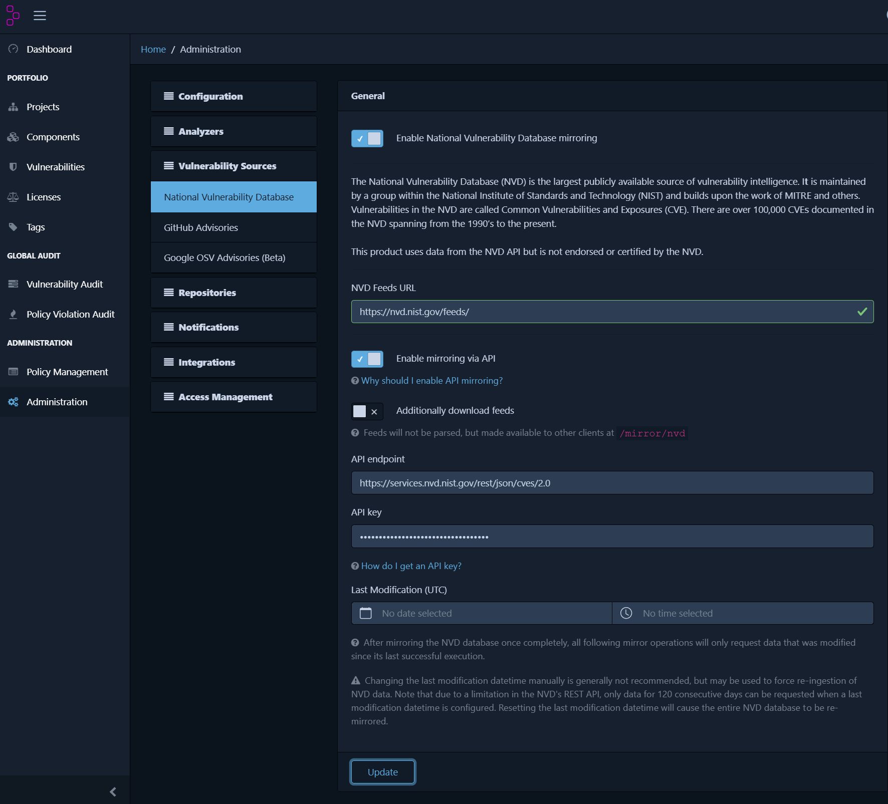 Dependency-Track administration page showing the National Vulnerability Database (NVD) configuration settings, including API key input field and synchronization options.