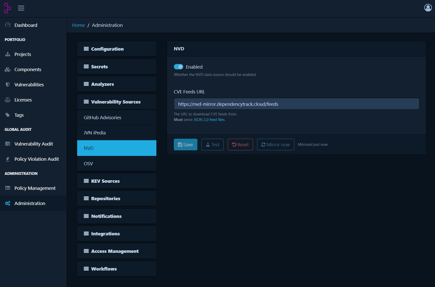 Dependency-Track administration page showing the National Vulnerability Database (NVD) configuration settings and synchronization options.