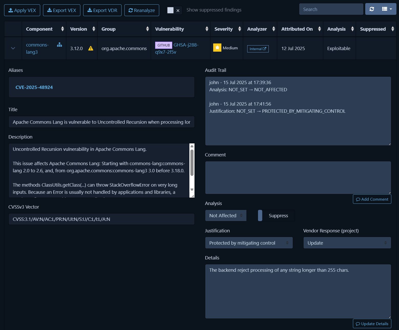 Example of VEX documentation in Dependency Track SaaS